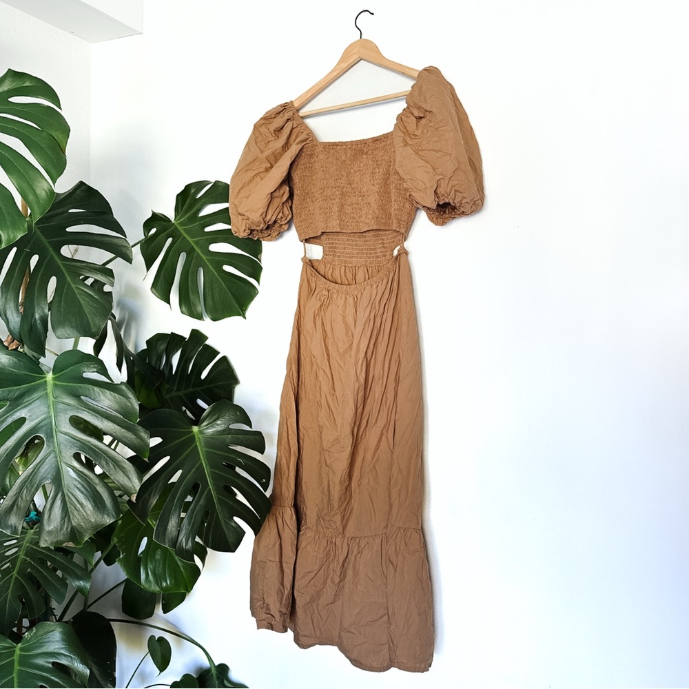 Anthropologie Faithfull the Brand Bloom Smock Midi Dress Hazelnut - Size 10/XL - Picture 7 of 11